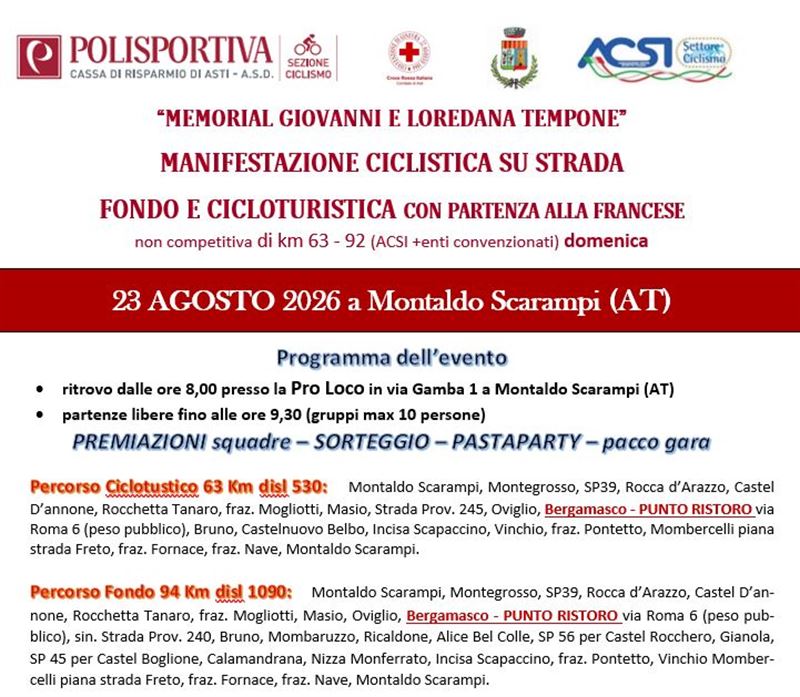 Memorial Giovanni e Loredana Tempone - 23 agosto 2026 Montaldo Scarampi